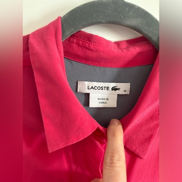 Lacoste 100% Silk Blouse Long Sleeve Collar Bubblegum Fuschia Pink Designer S‌‌ - Picture 8 of 9